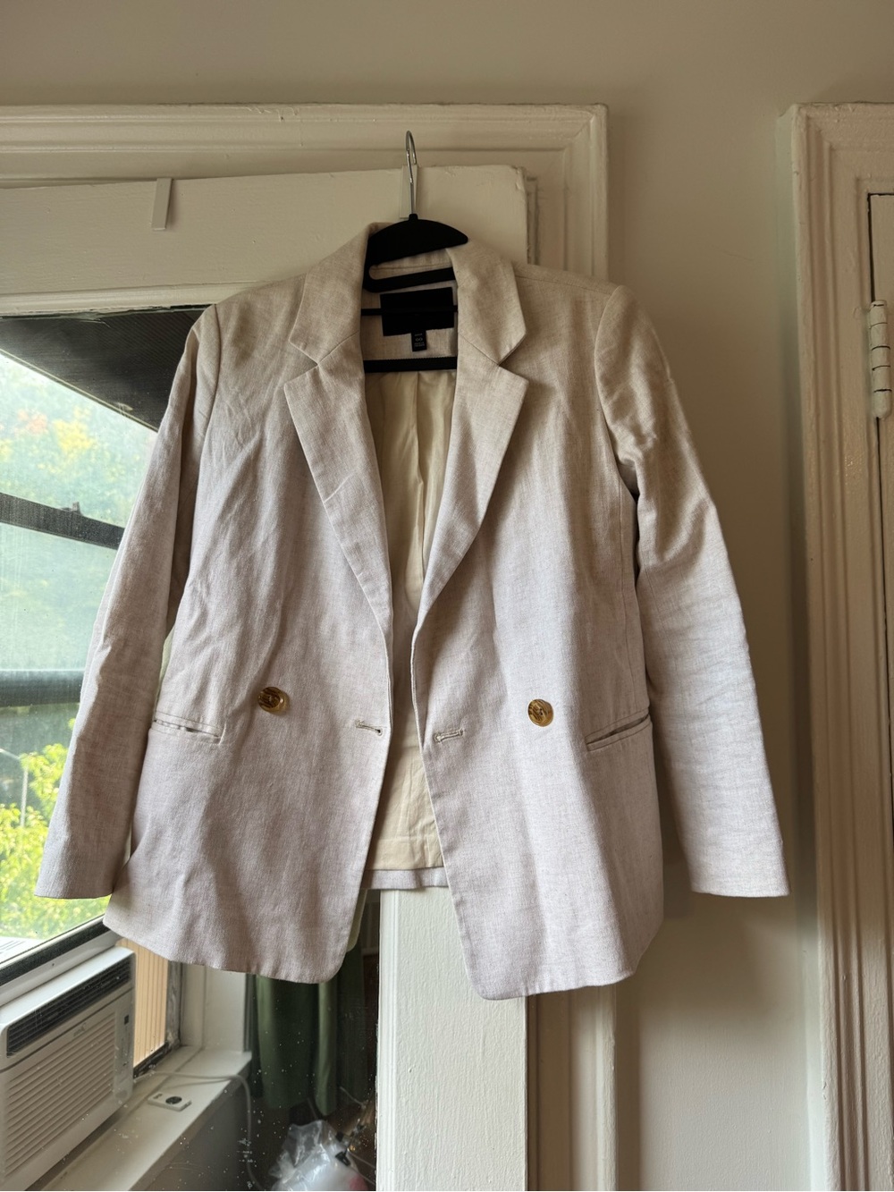 Banana Republic Factory Cream Double-Breasted Linen-Blend Blazer